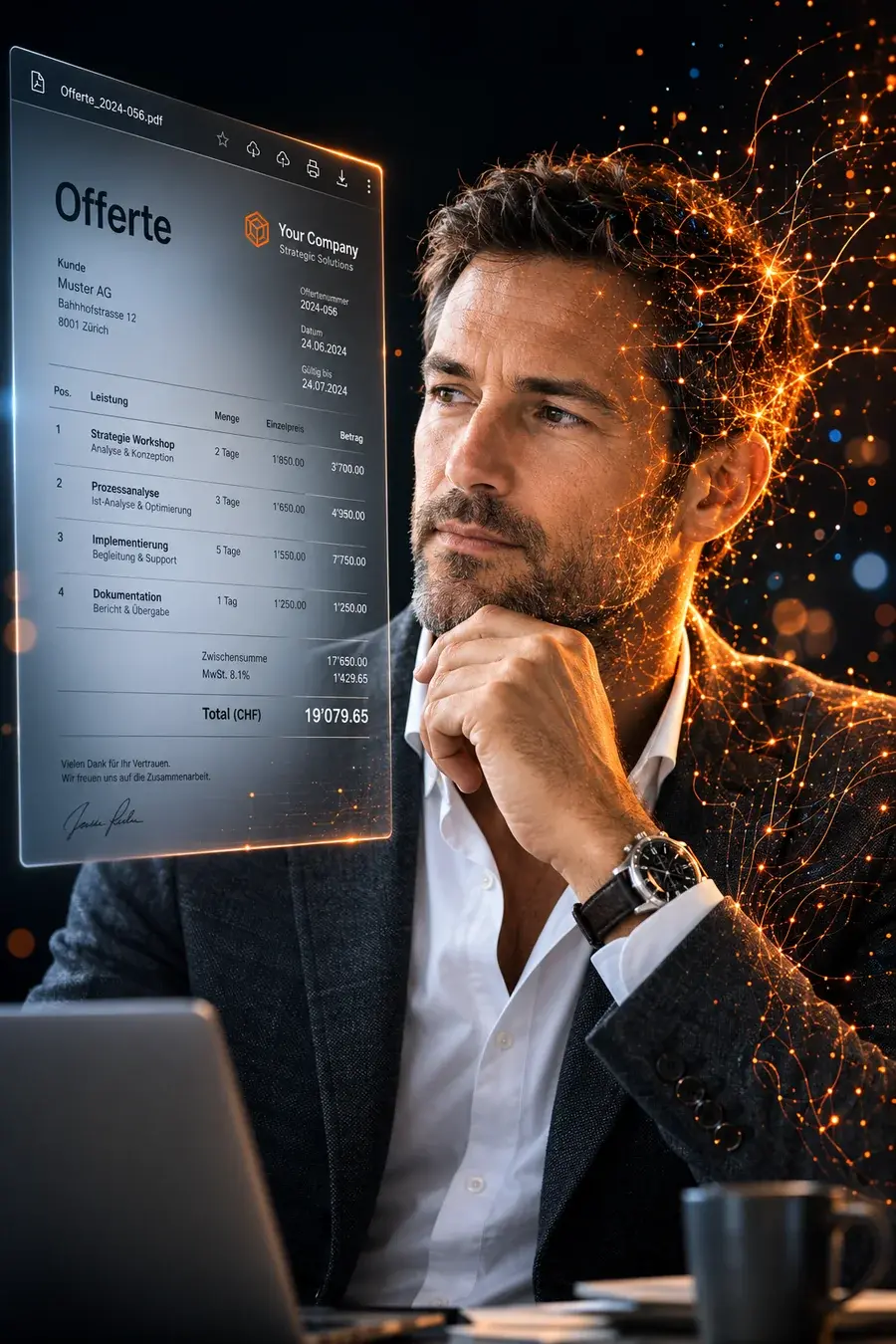 Offerte Opstellen, medewerker met tablet die een offerte toont